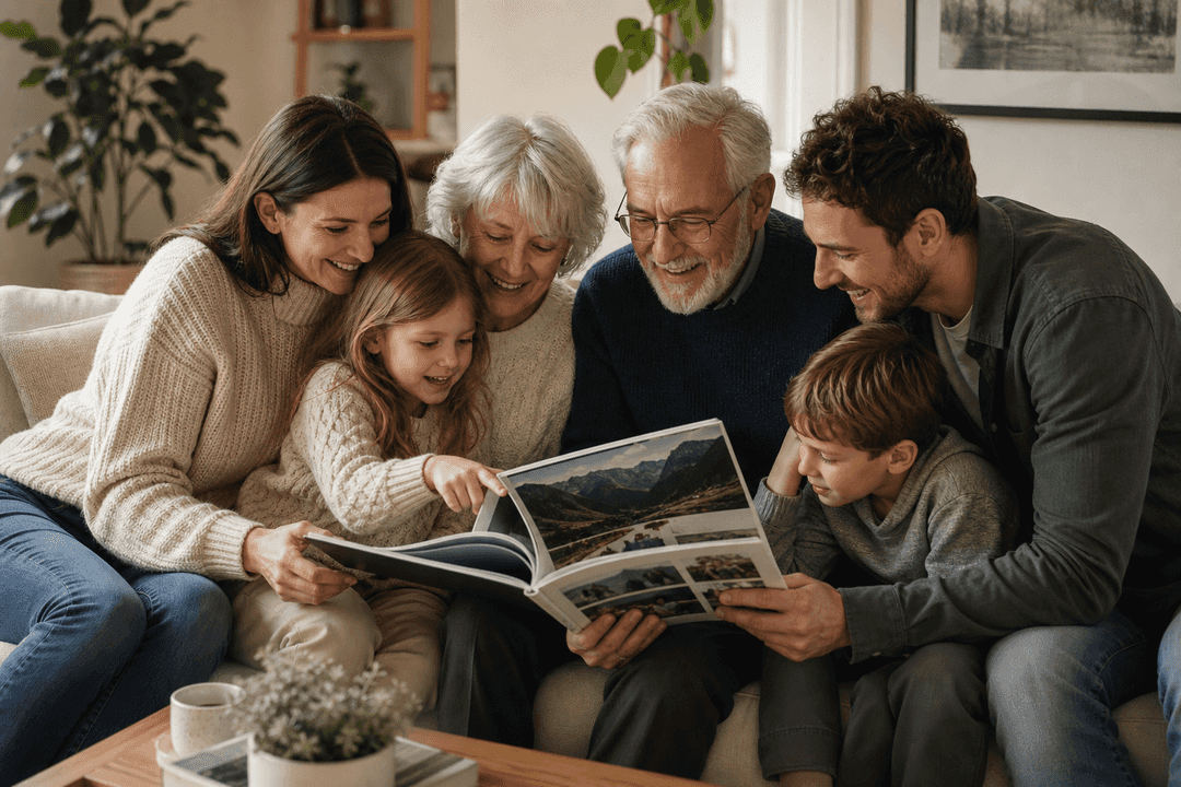 Multigenerational family looking through a printed photo book together