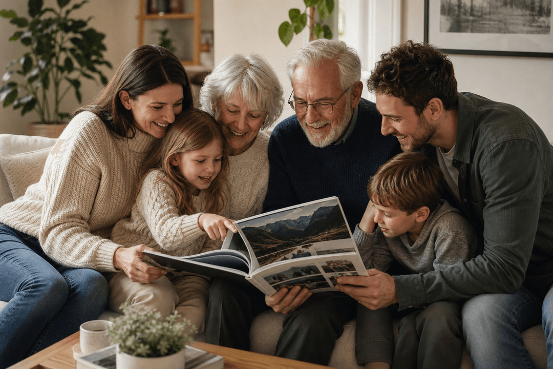Multigenerational family looking through a printed photo book together