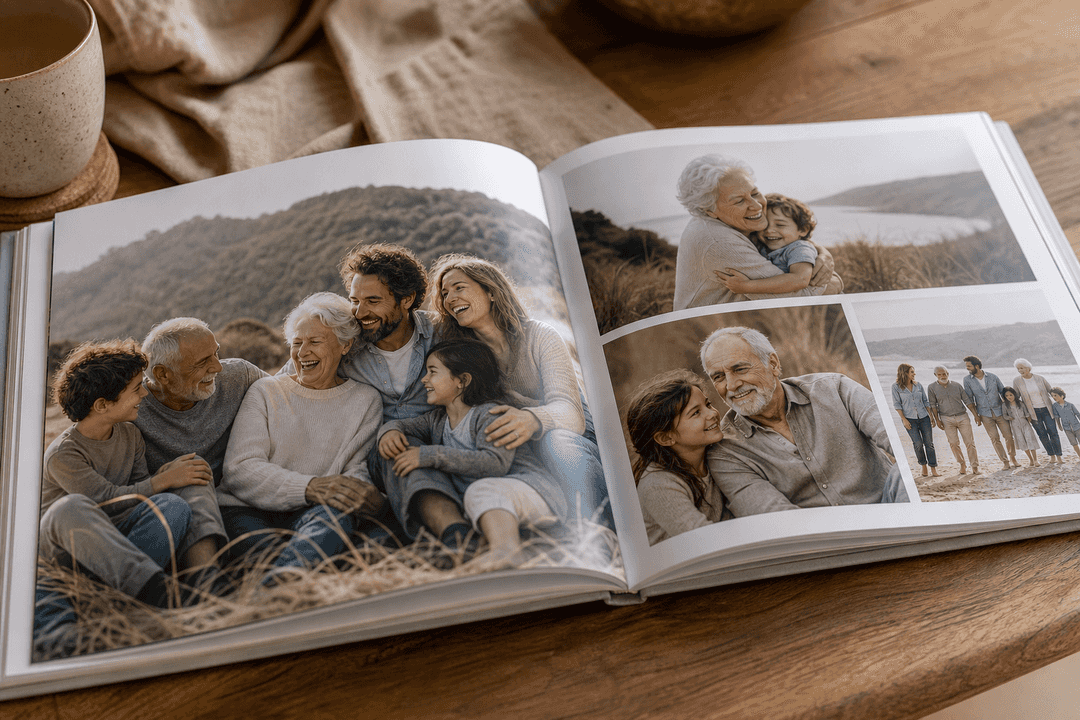 Open family picture album with candid multigenerational moments