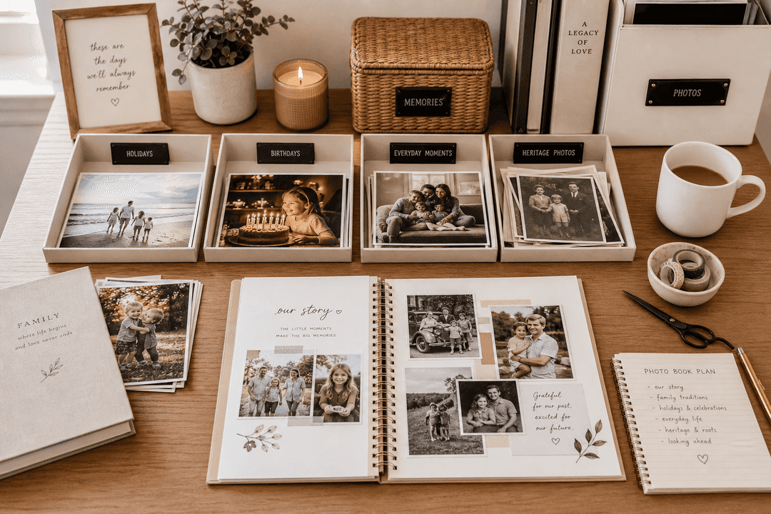 Organized family photos sorted into categories for album planning