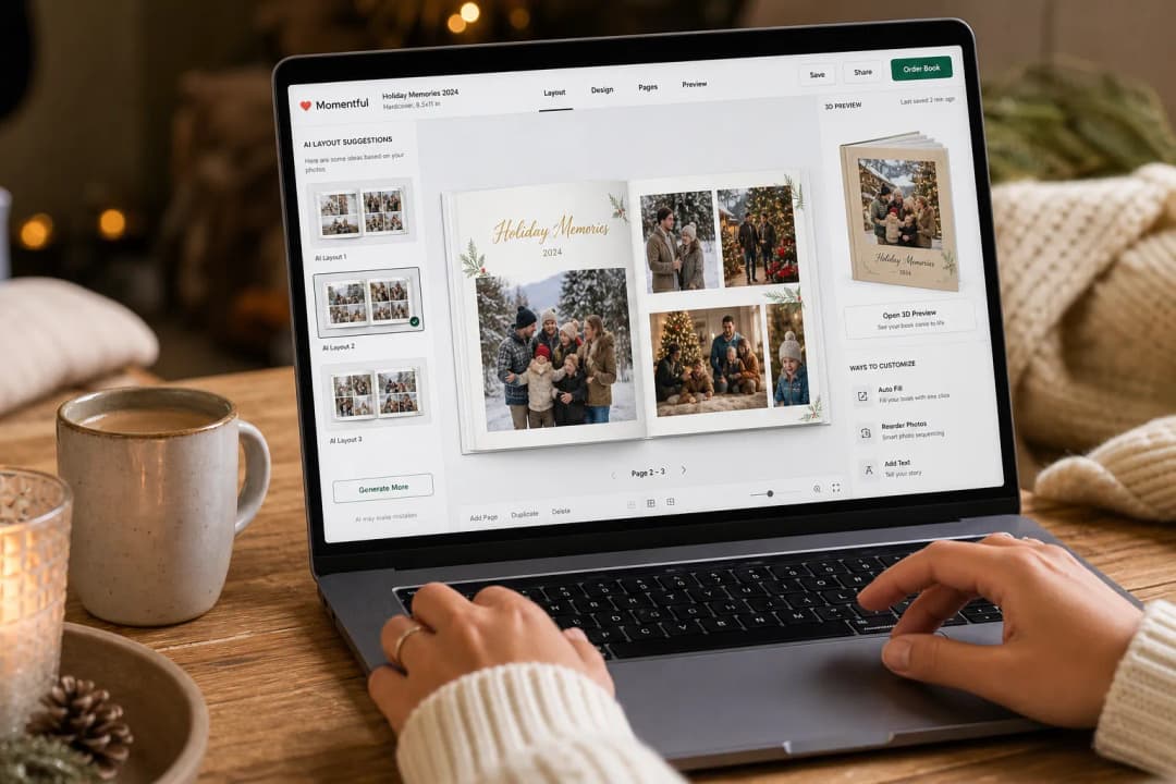 Hands customizing a holiday photo book with AI layout suggestions