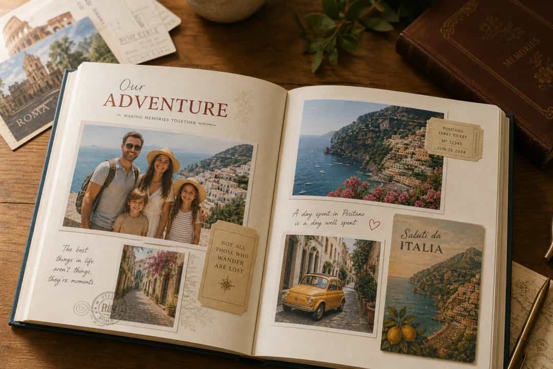 Holiday photo album book on a table with travel memories