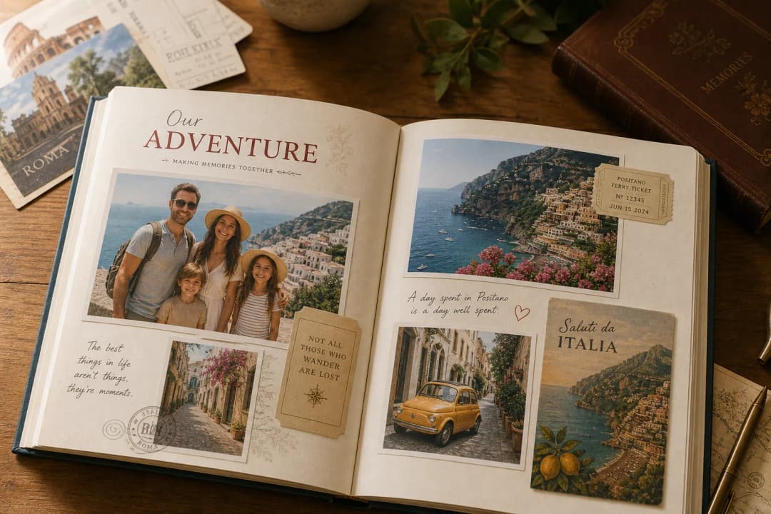 Holiday photo album book on a table with travel memories