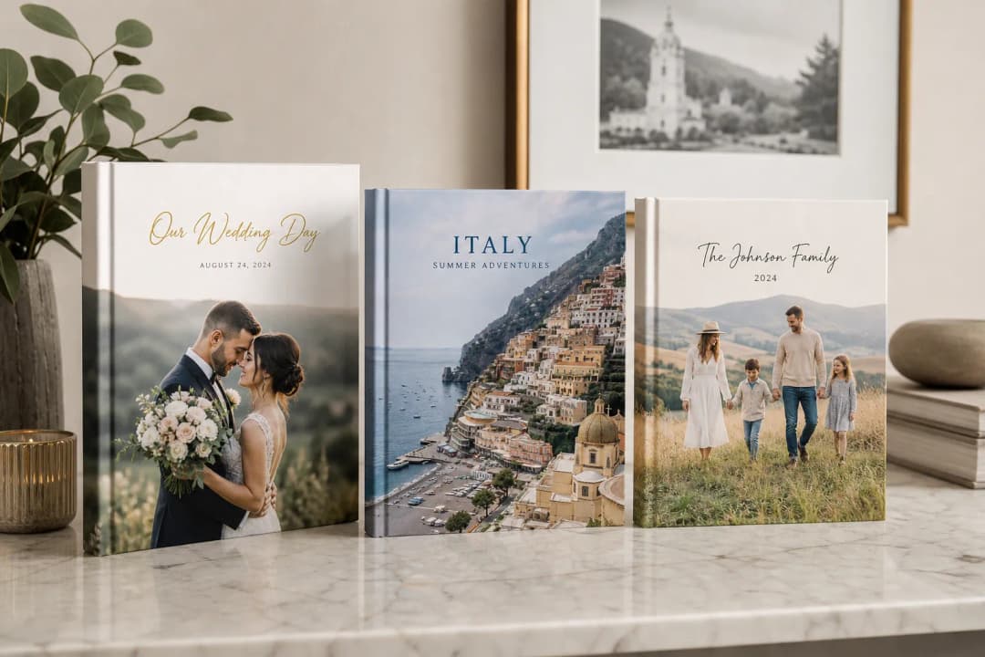 Premium photo books with travel, wedding and family themes displayed elegantly