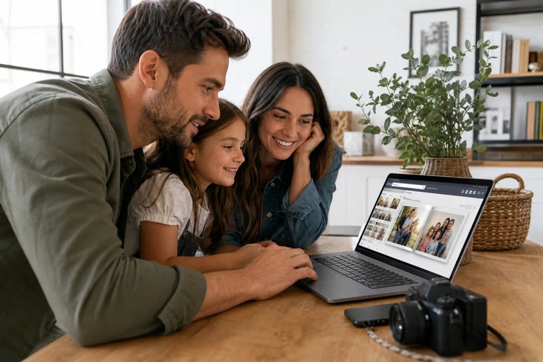 Family creating a photo book online together at home