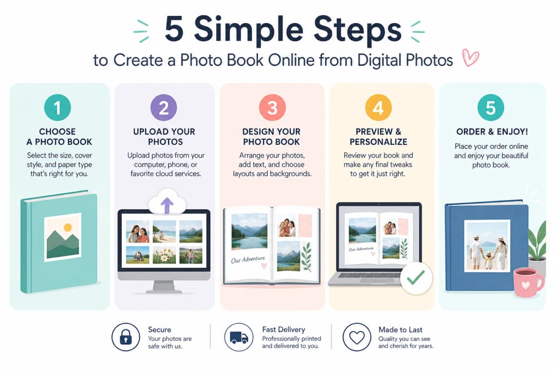 Infographic showing five steps to create a photo book online