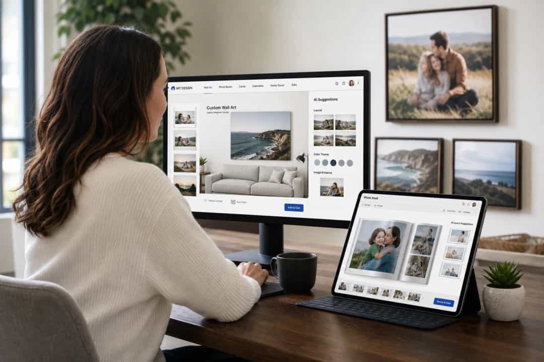 Person customizing photo book and wall art layouts on multiple devices