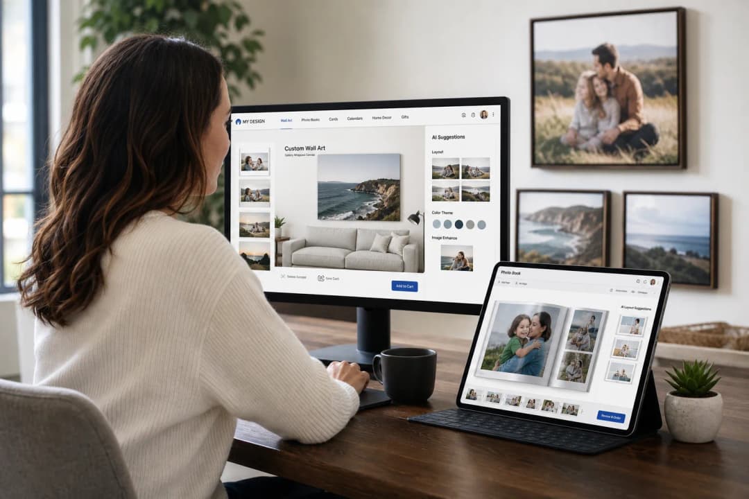Person customizing photo book and wall art layouts on multiple devices