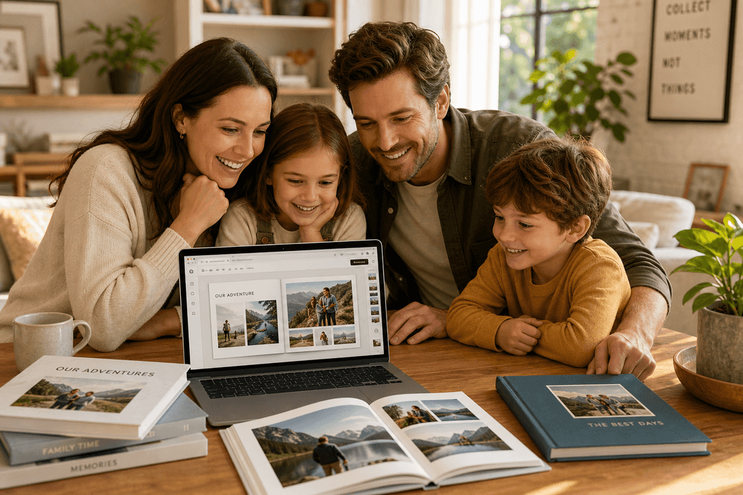 Illustration of a family designing a photo book online at home