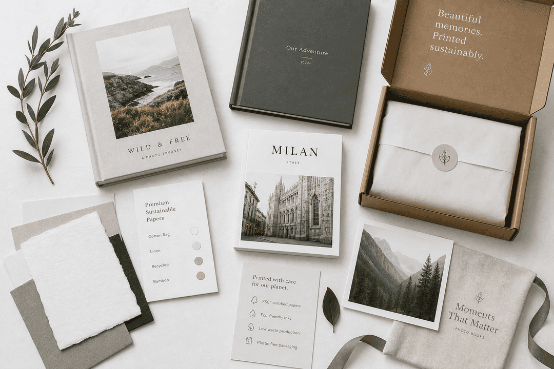 Flat lay of premium photo books, paper samples, and recyclable packaging