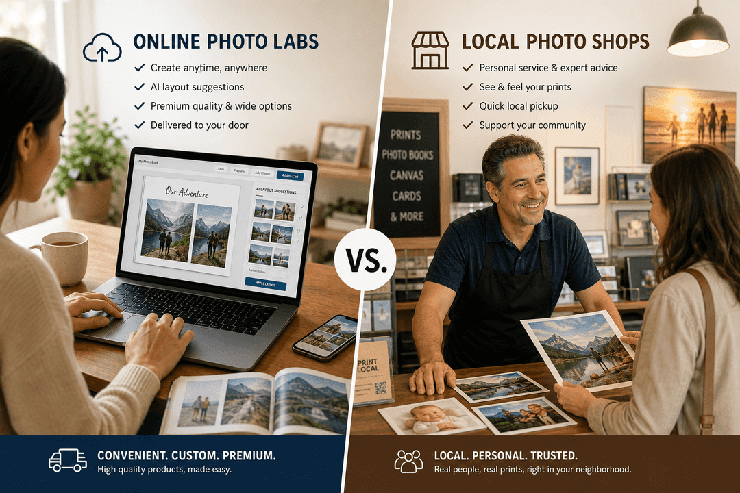 Illustration comparing online photo labs and local photo shops