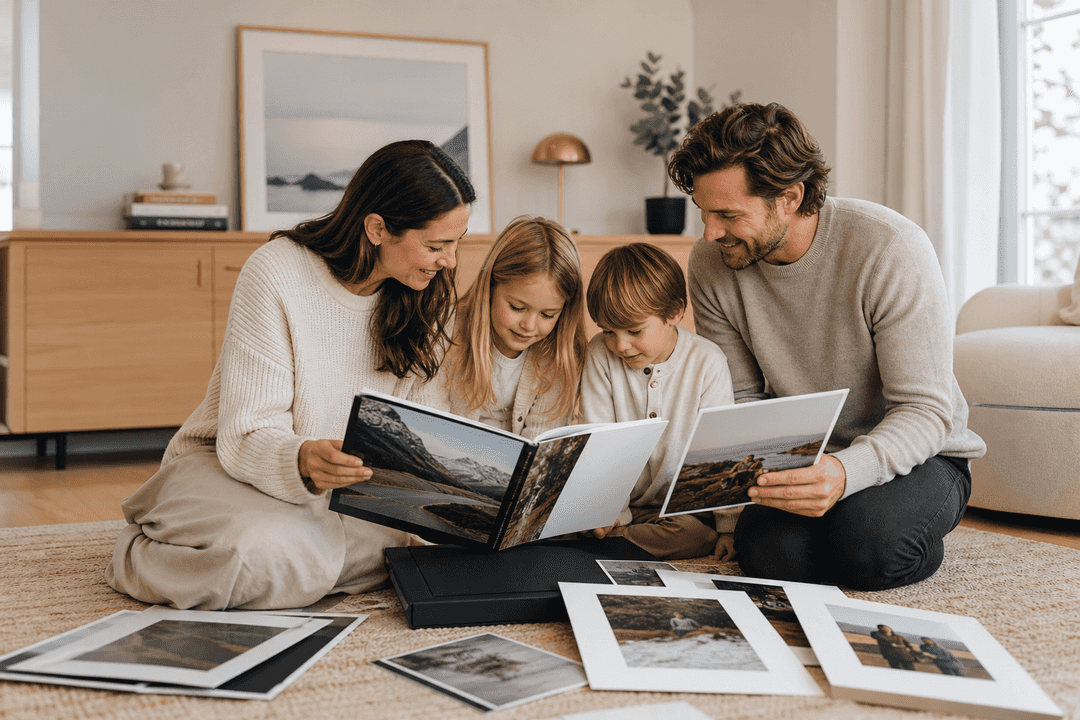 Family reviewing a premium photo book and wall art at home