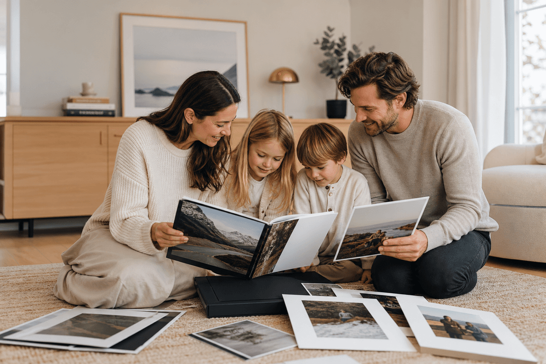Family reviewing a premium photo book and wall art at home