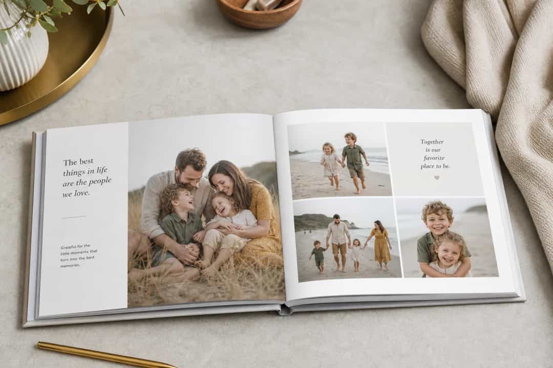 Customized photo book with text open on a table