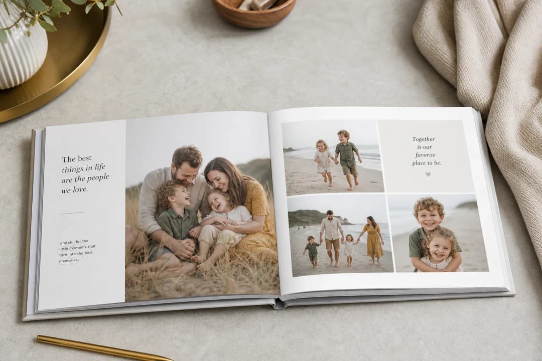 Customized photo book with text open on a table