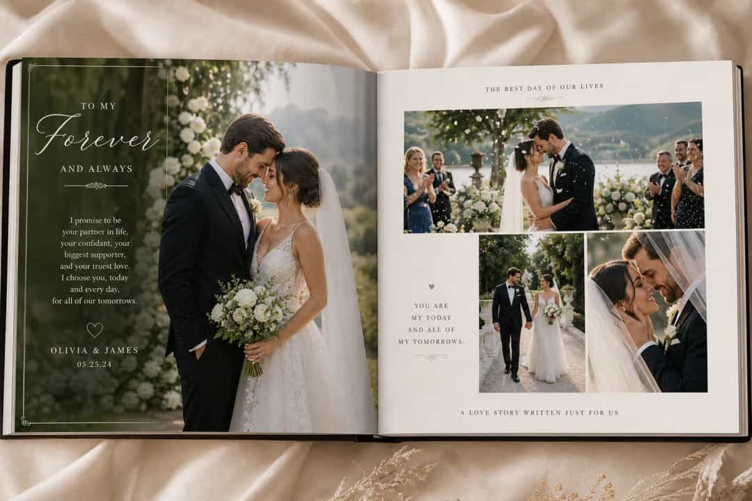 Wedding photo book with elegant text and typography
