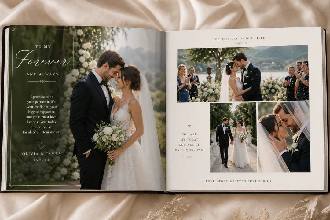 Wedding photo book with elegant text and typography