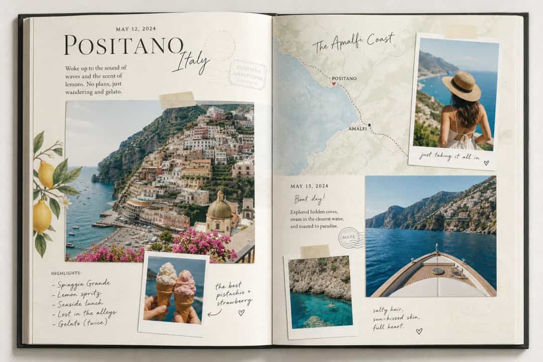 Travel photo book spread with maps dates and captions