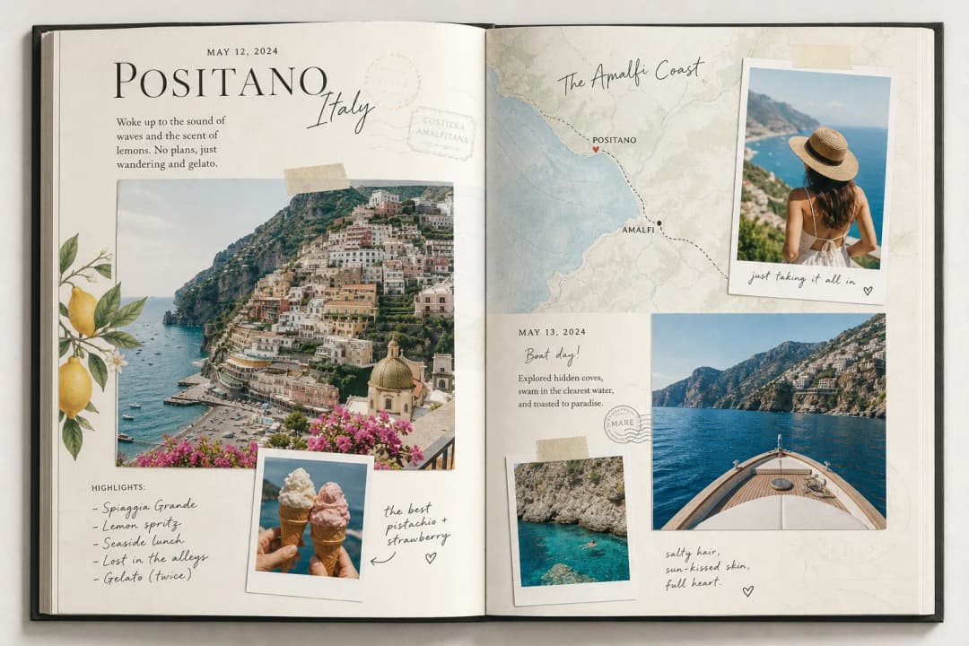 Travel photo book spread with maps dates and captions