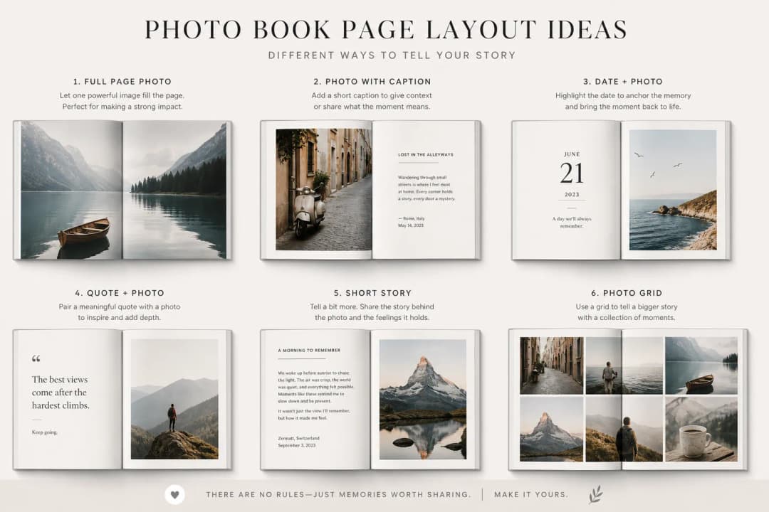 Illustration of photo book page layouts with captions and quotes