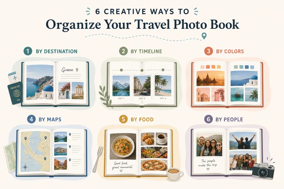 Infografik zu kreativen Möglichkeiten, ein Reise-Fotobuch zu organisieren