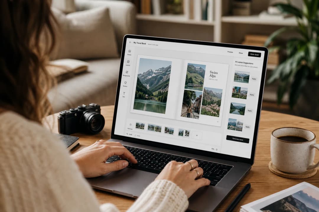 Person, die ein Reise-Fotobuch auf einem Laptop mit AI-Layout-Vorschlägen entwirft