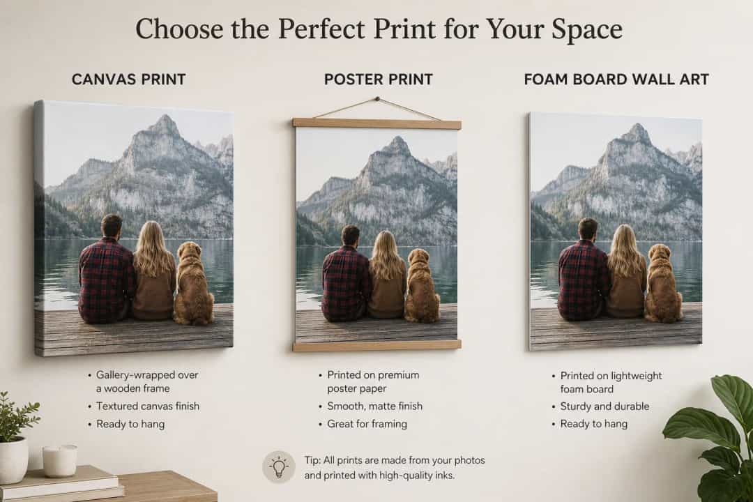 Canvas print, poster print, and foam board wall art comparison from personal photos