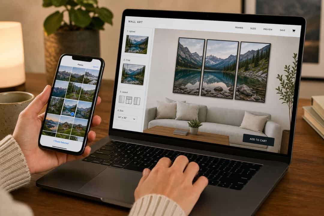 Hands selecting smartphone photos for custom wall art design on a laptop