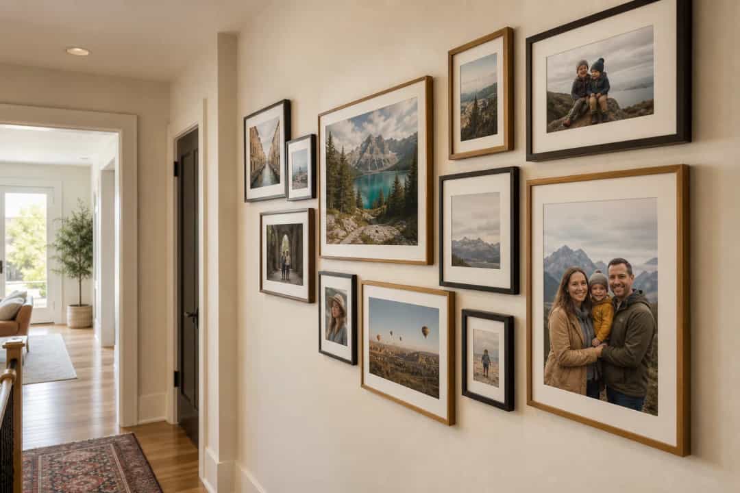 Coordinated hallway gallery wall with family and travel photos