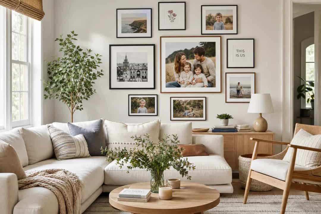 Personalized family photo wall art in a modern living room