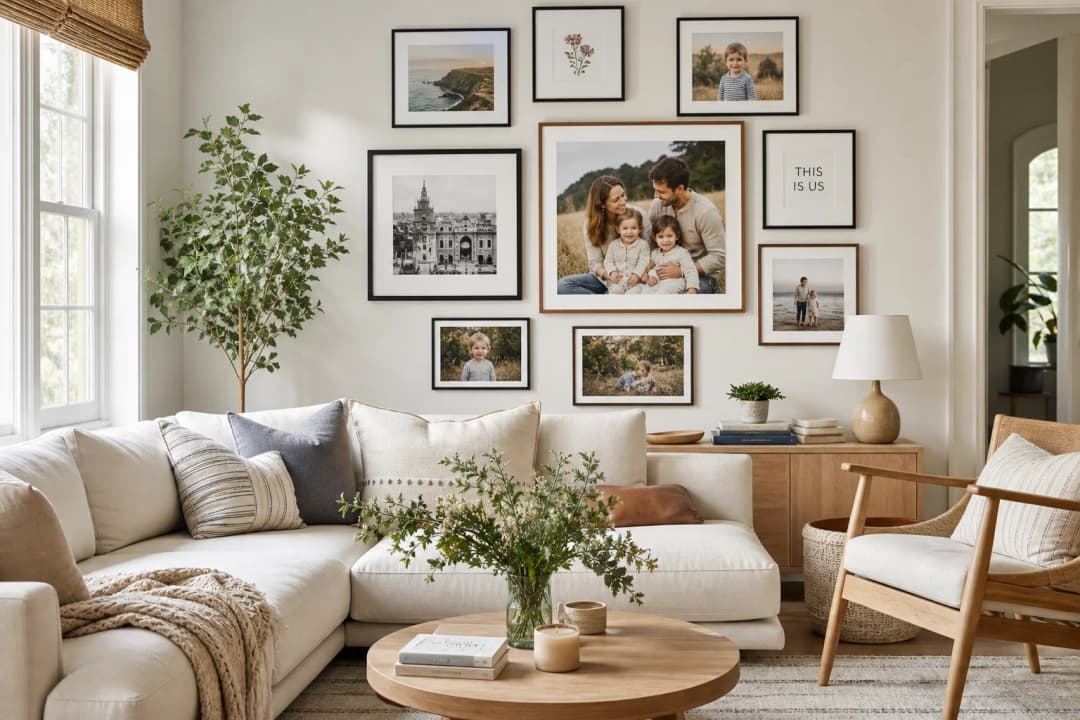 Personalized family photo wall art in a modern living room