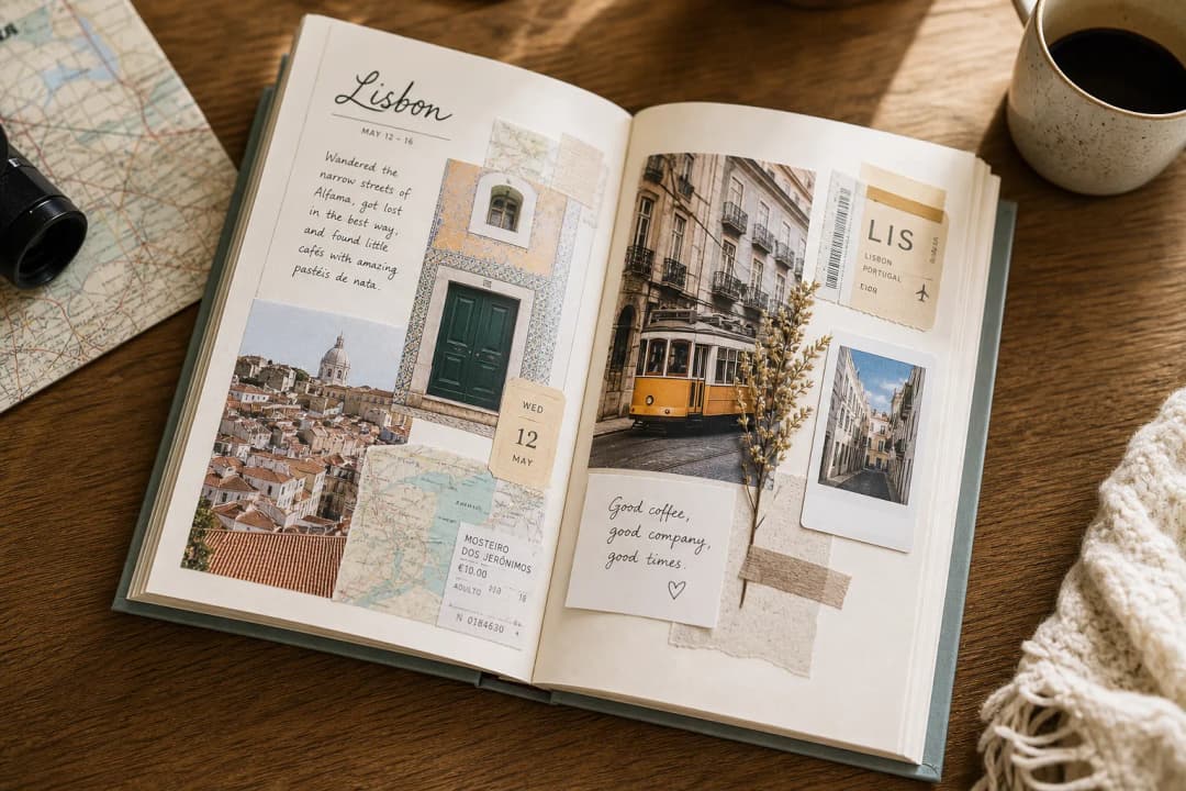 Open personalised travel photo book with maps, tickets, notes, and vacation photos on a cozy table
