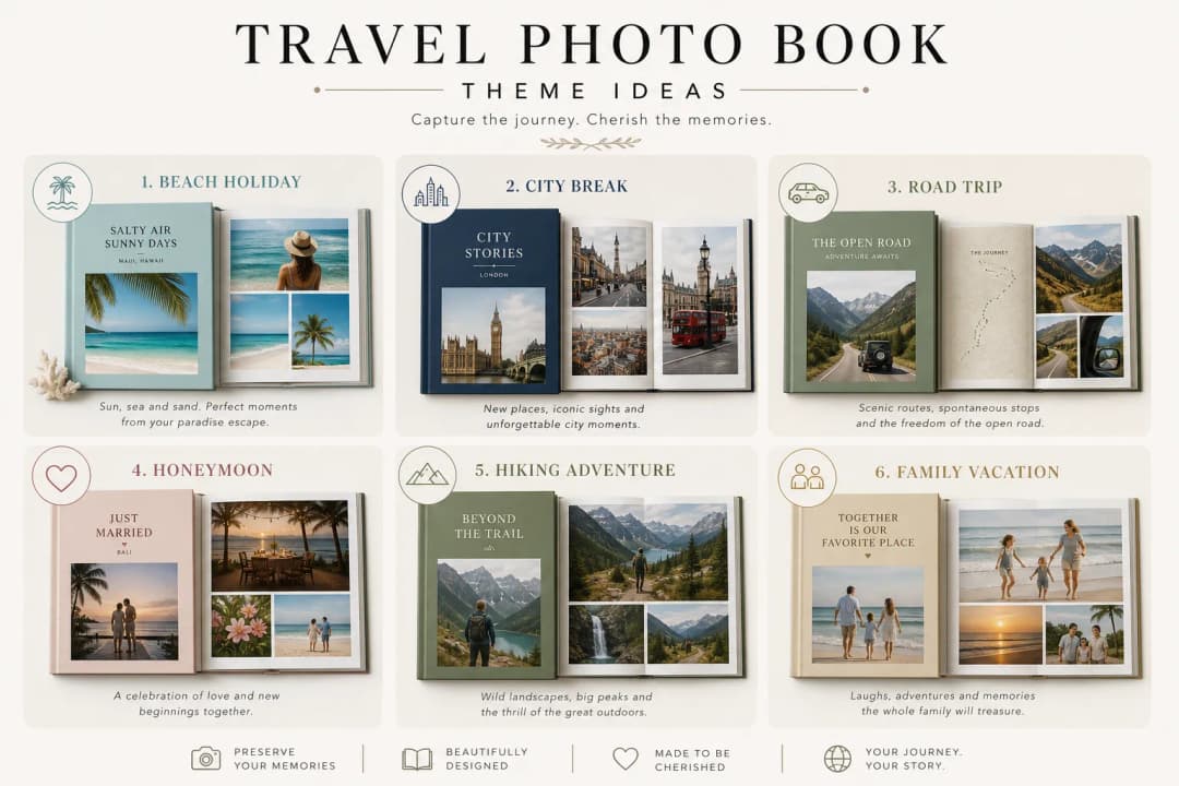 Illustrated collage of travel photo book ideas including beach holiday, city break, road trip, honeymoon, hiking, and family vacation