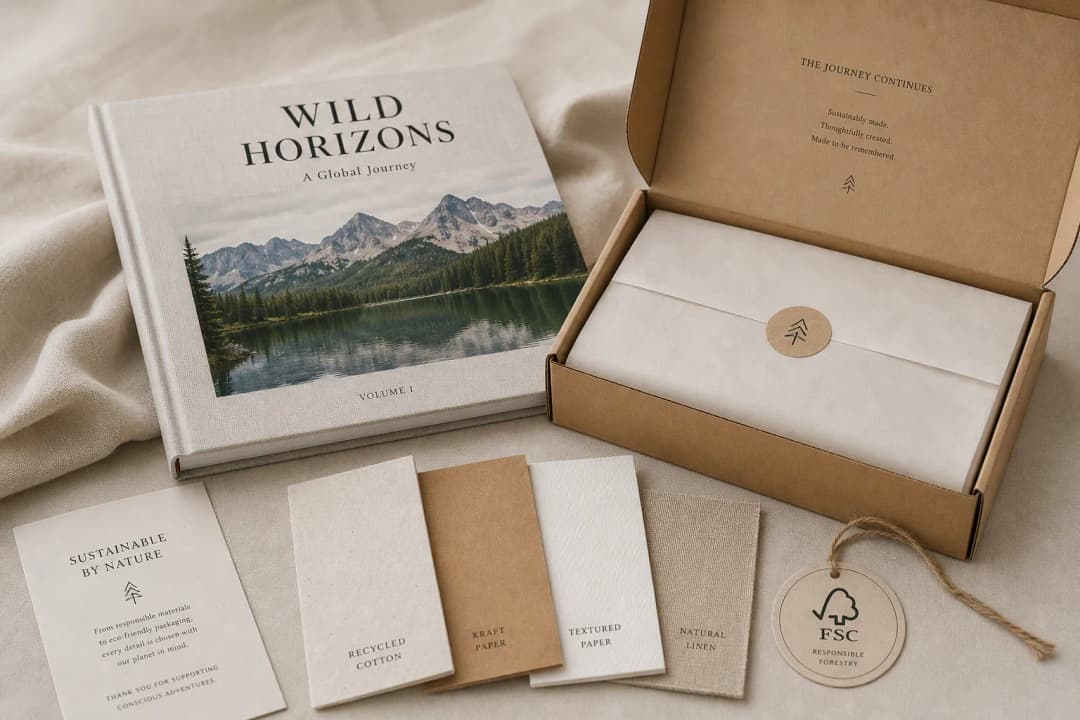 Premium travel photo book materials with textured paper samples and recyclable sustainable packaging
