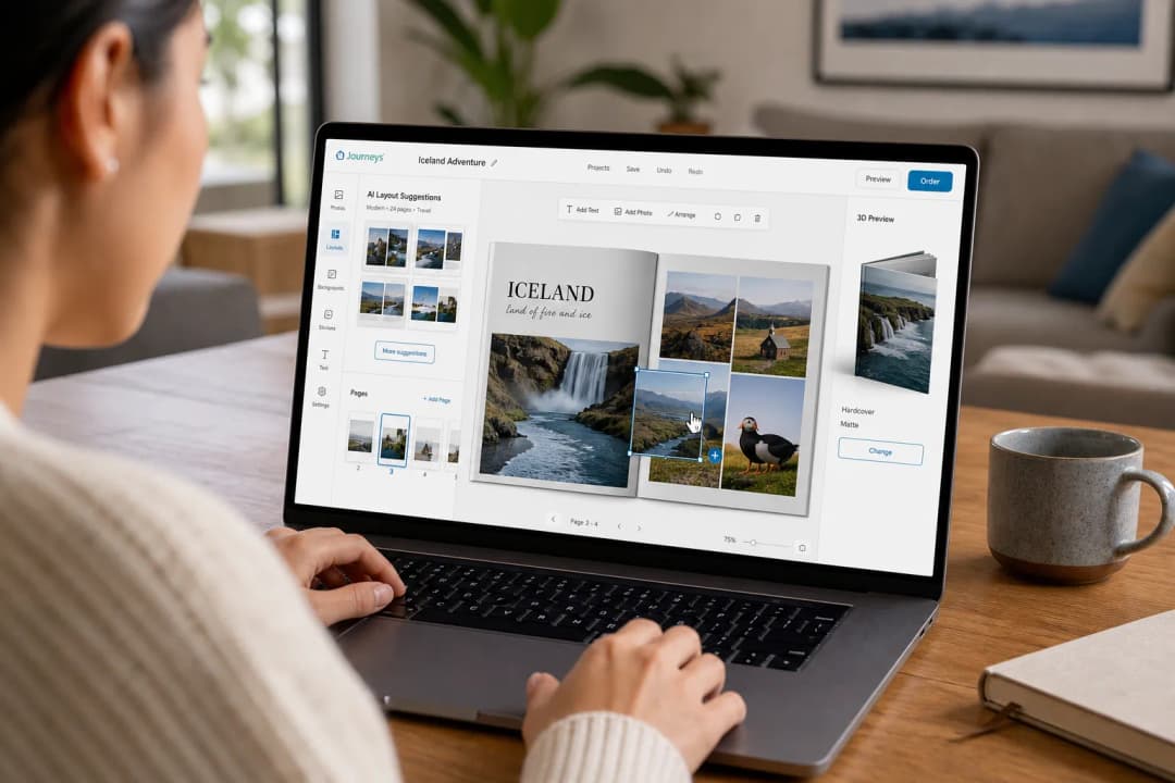 Person creating a travel photo book in a browser with AI layout suggestions and 3D preview on screen