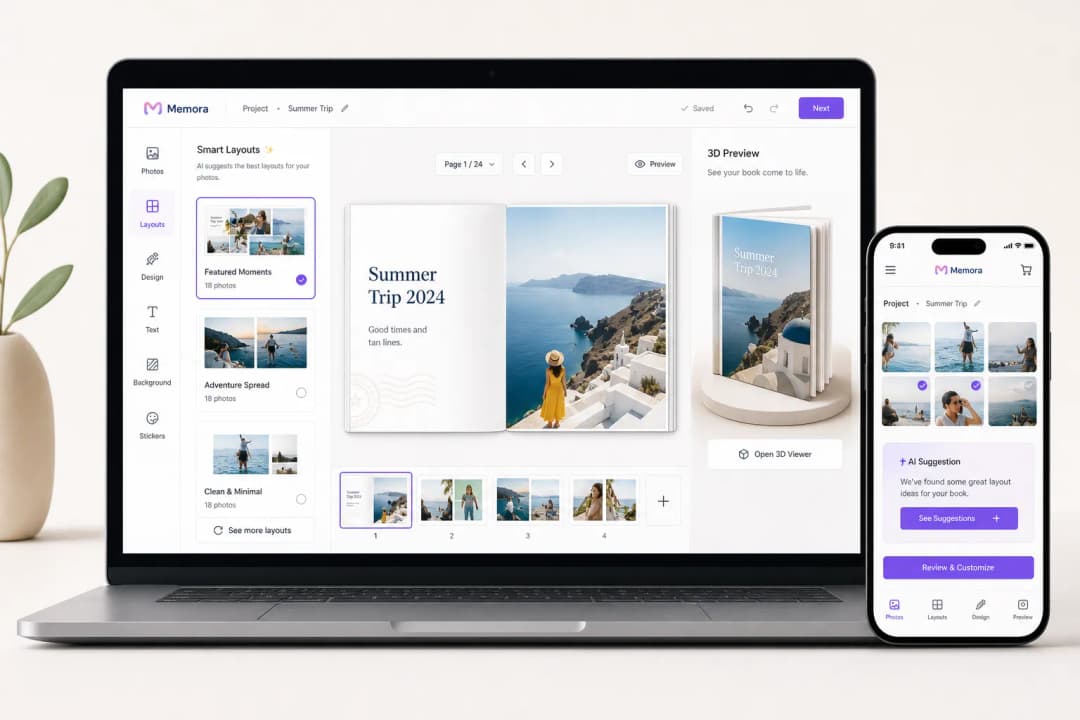Concetto dell'interfaccia di un creatore di album fotografici online potenziato dall'IA