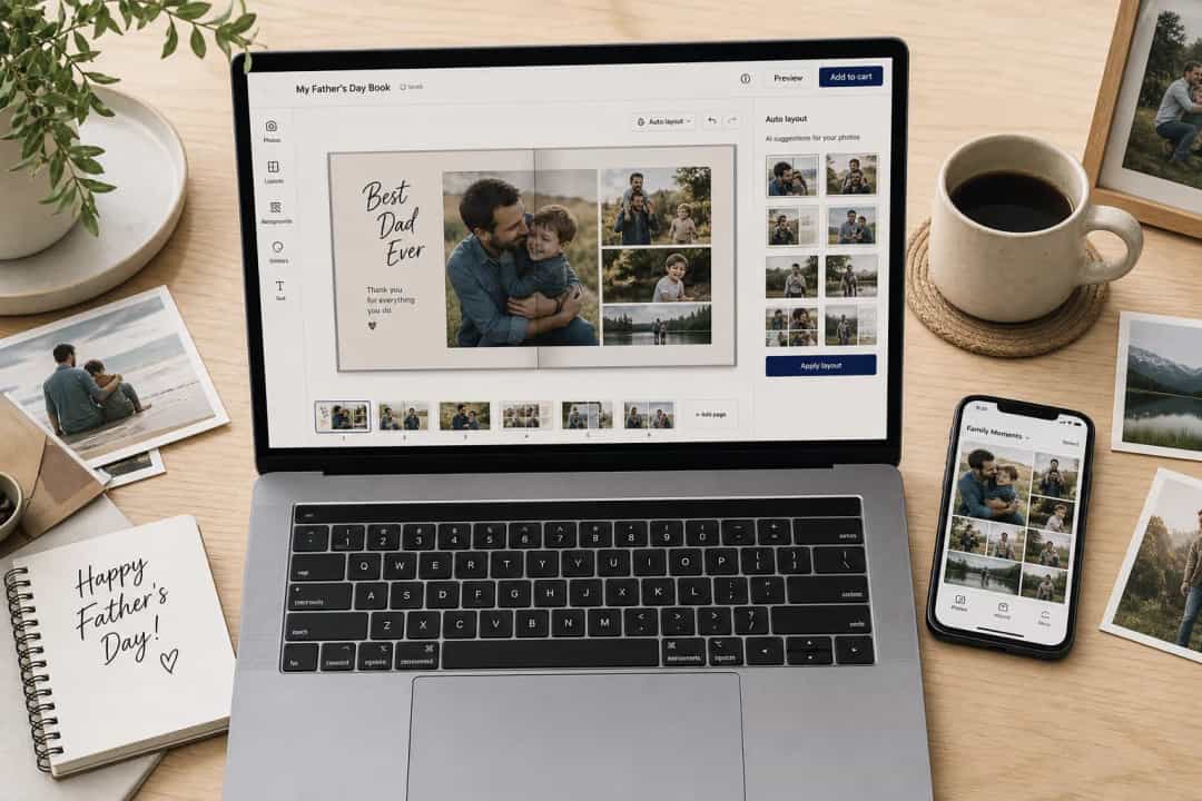 Creating a Father's Day photo book online with AI layouts