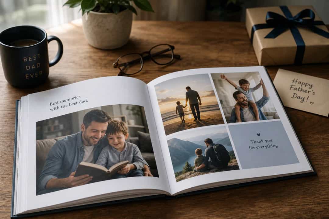Father's Day photo book on a table with family memories