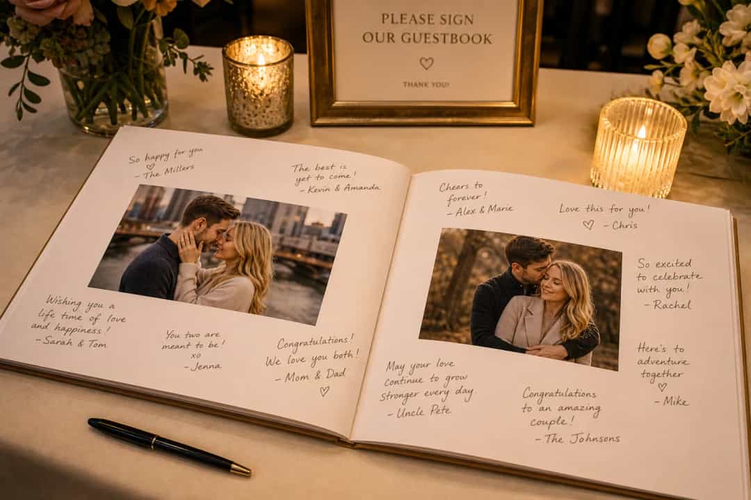 Wedding guest book photo book open on reception table