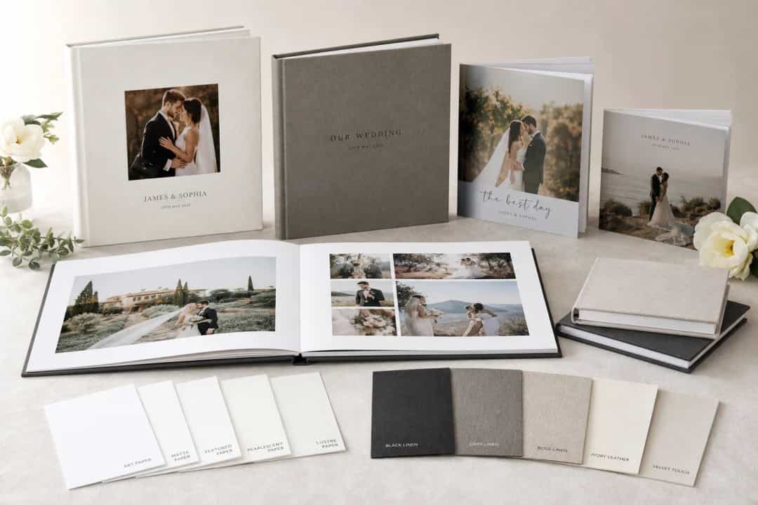 Wedding photo book formats hardcover softcover and layflat with paper samples