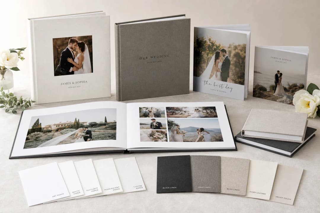 Wedding photo book formats hardcover softcover and layflat with paper samples