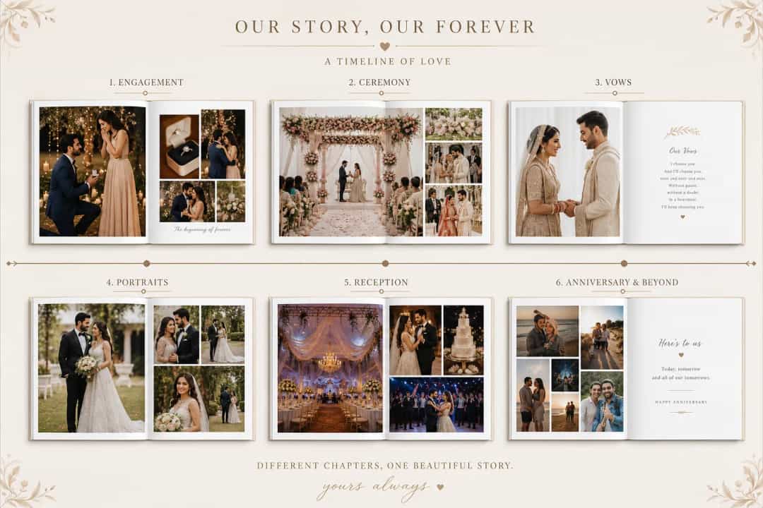 Timeline-style wedding album storyboard with ceremony and reception pages