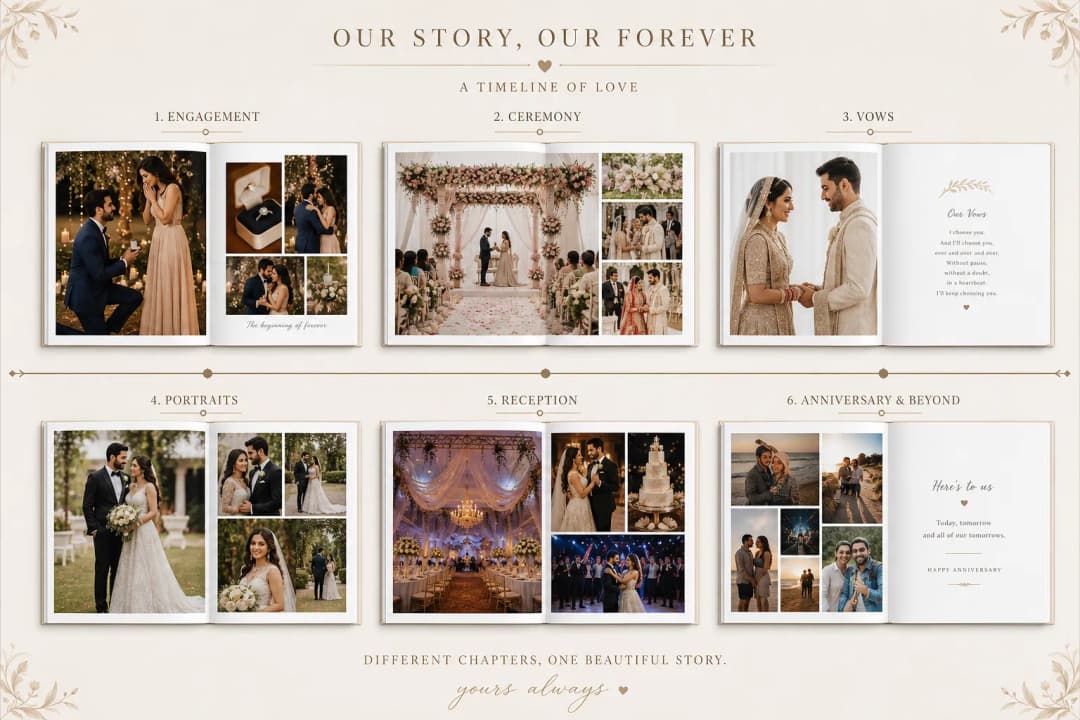 Timeline-style wedding album storyboard with ceremony and reception pages