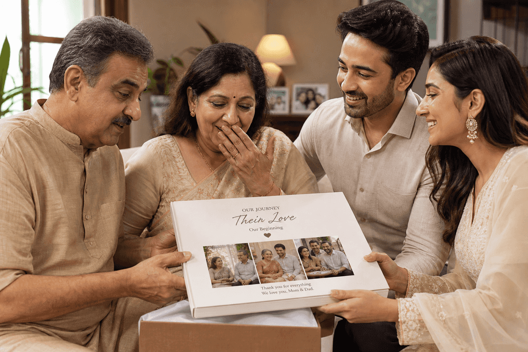 A family gifting a personalized photo book with text in an emotional setting