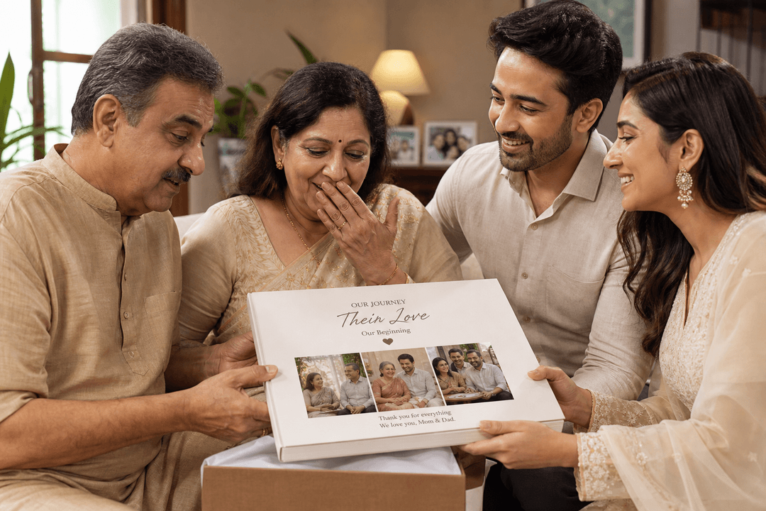 A family gifting a personalized photo book with text in an emotional setting
