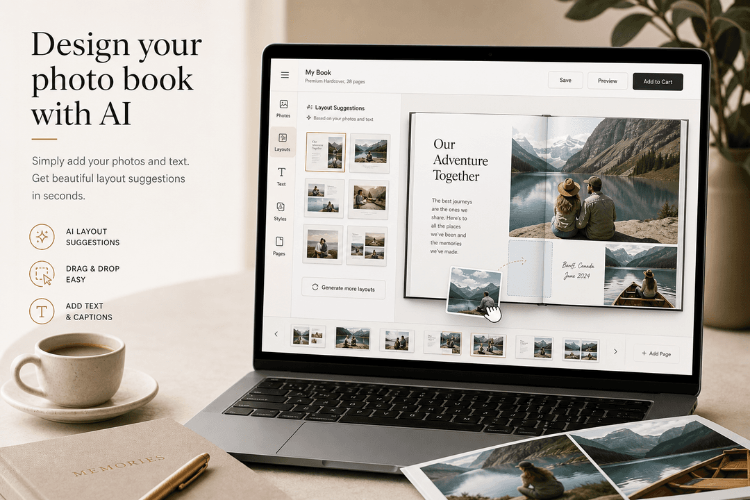 Illustration of designing a photo book with text online using AI layout suggestions