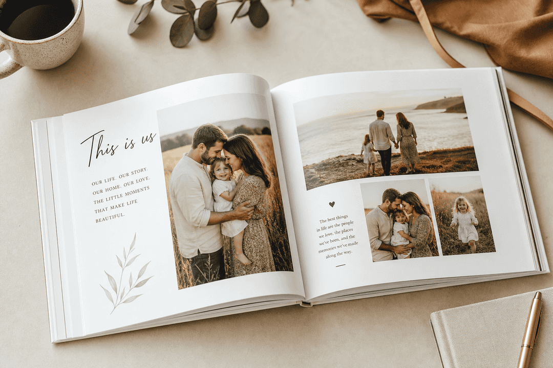 Personalized photo book with meaningful text captions open on a table