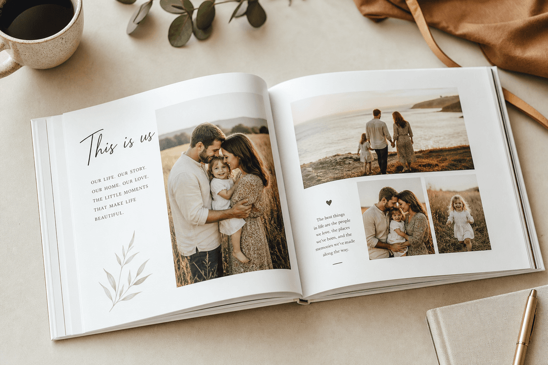Personalized photo book with meaningful text captions open on a table