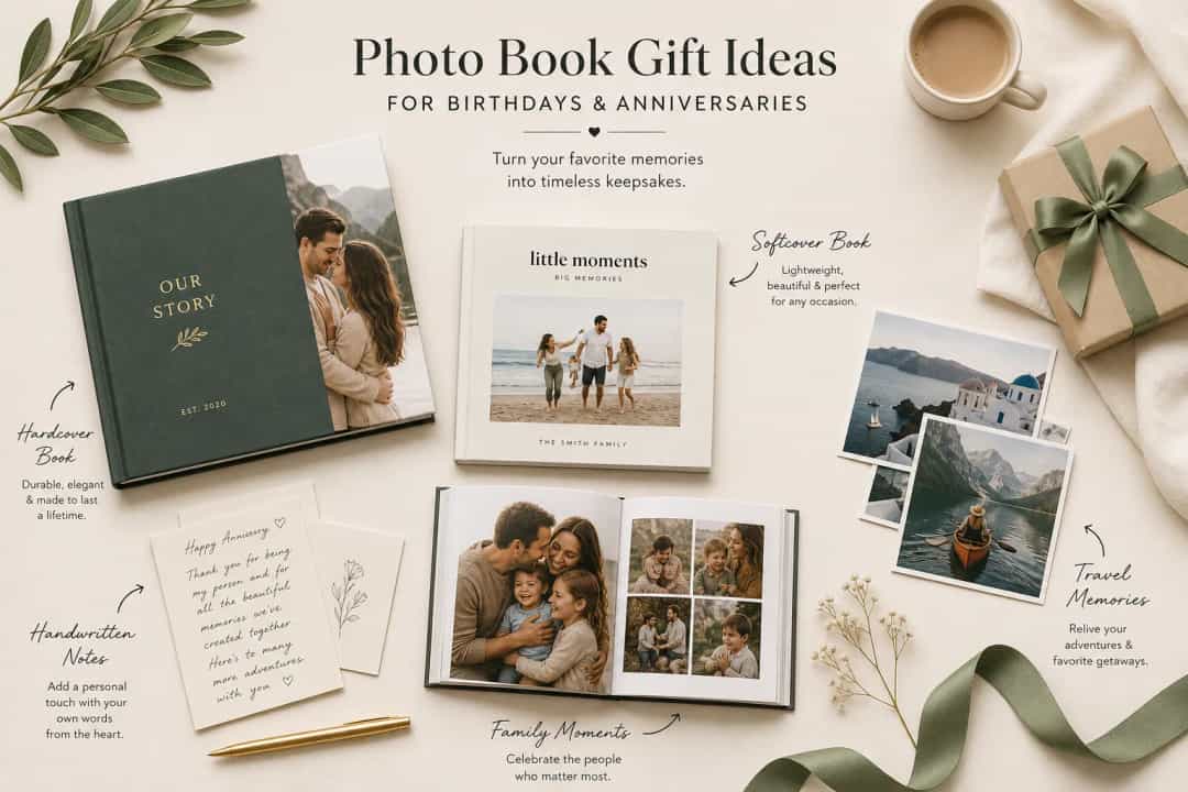 Flat lay of different photo book gift ideas for birthdays and anniversaries