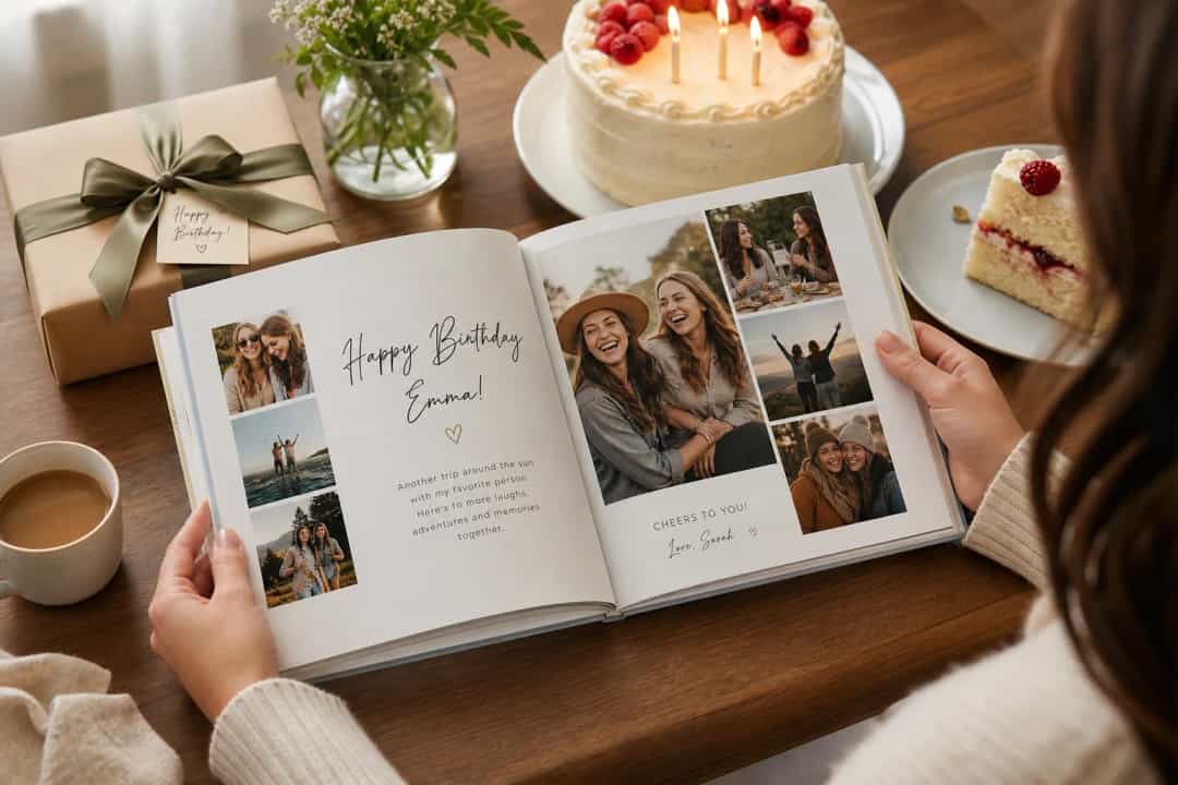 Personalized birthday photo book gift being opened at a cozy table
